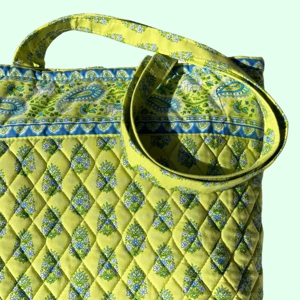Vera Bradley Retired Tote Bag EUC Quilted Paisley Yellow Blue Elephants USA-Made - Picture 11 of 13